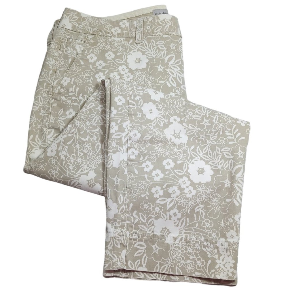 Old Navy Capri Pants - Tan & White Floral Print w/ 5 Pockets Size: 12